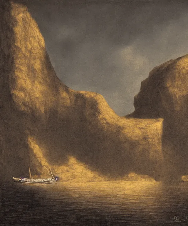 Image similar to photorealistic sepia painting of a 1 9 2 5 bay boat sailing in front of a tropical island cliff with the mouth of a grotto at the waterline, dark, brooding, atmospheric, lovecraft, by dave dorman