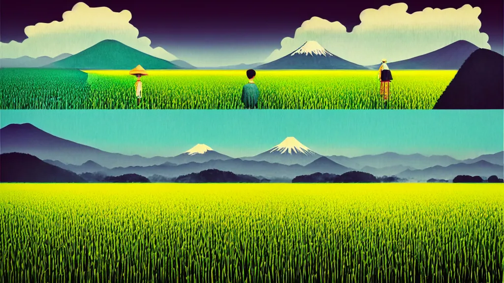 Prompt: dramatic landscape of rice fields of toyama, japan, a collage painting, in the style of wes anderson, lola dupre, david hockney, isolated on negative white space background dark monochrome neon fluorescent spraypaint accents volumetric octane render