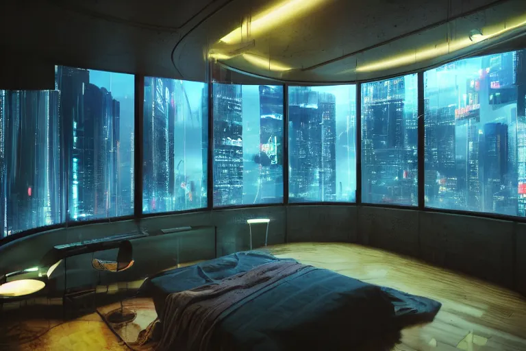 Image similar to a futuristic bedroom with large curved ceiling high windows looking out to a far future cyberpunk cityscape, cyberpunk neon lights, raining, scifi