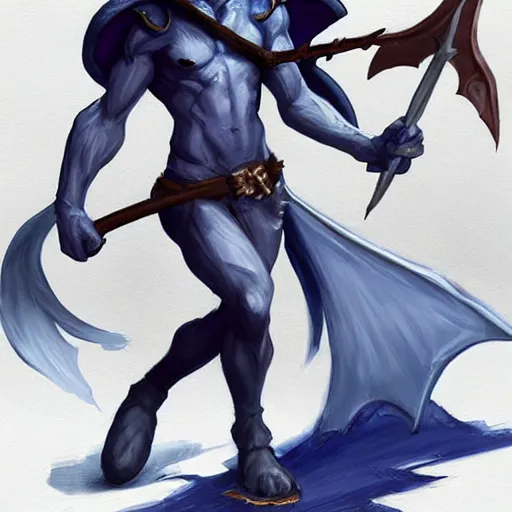 Image similar to D&D character concept art of a tiefling, tiefling rogue, blue skin color with short horns and a devil tail, casual pose of a Rogue holding daggers, full body pose, soft colors, fantasy, intricate, elegant, highly detailed, digital painting, artstation, concept art, smooth, sharp focus, illustration