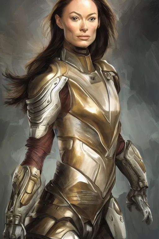 Image similar to a professional painting of a young Olivia Wilde, clothes in military armor, olive skin, long dark hair, beautiful bone structure, symmetrical facial features, intricate, elegant, digital painting, concept art, smooth, sharp focus, illustration, from StarCraft by Ruan Jia and Mandy Jurgens and Artgerm and William-Adolphe Bouguerea