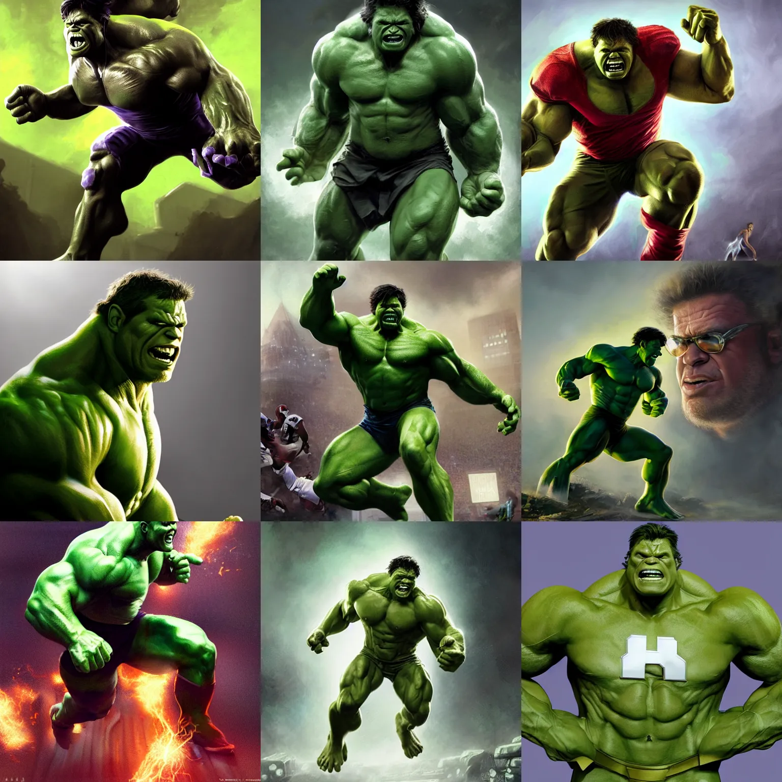 Prompt: jim mcmahon as the incredible hulk, with football, wearing byu cougars jersey, 3 d render, hyper - realistic detailed portrait, ruan jia, wlop. scifi, fantasy, magic the gathering, hyper detailed, octane render, concept art, peter mohrbacher