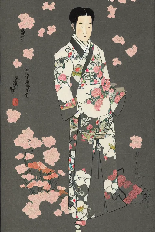 Prompt: A Japanese artwork of a man wearing a white floral suit, with many flowers in a stylistic manner