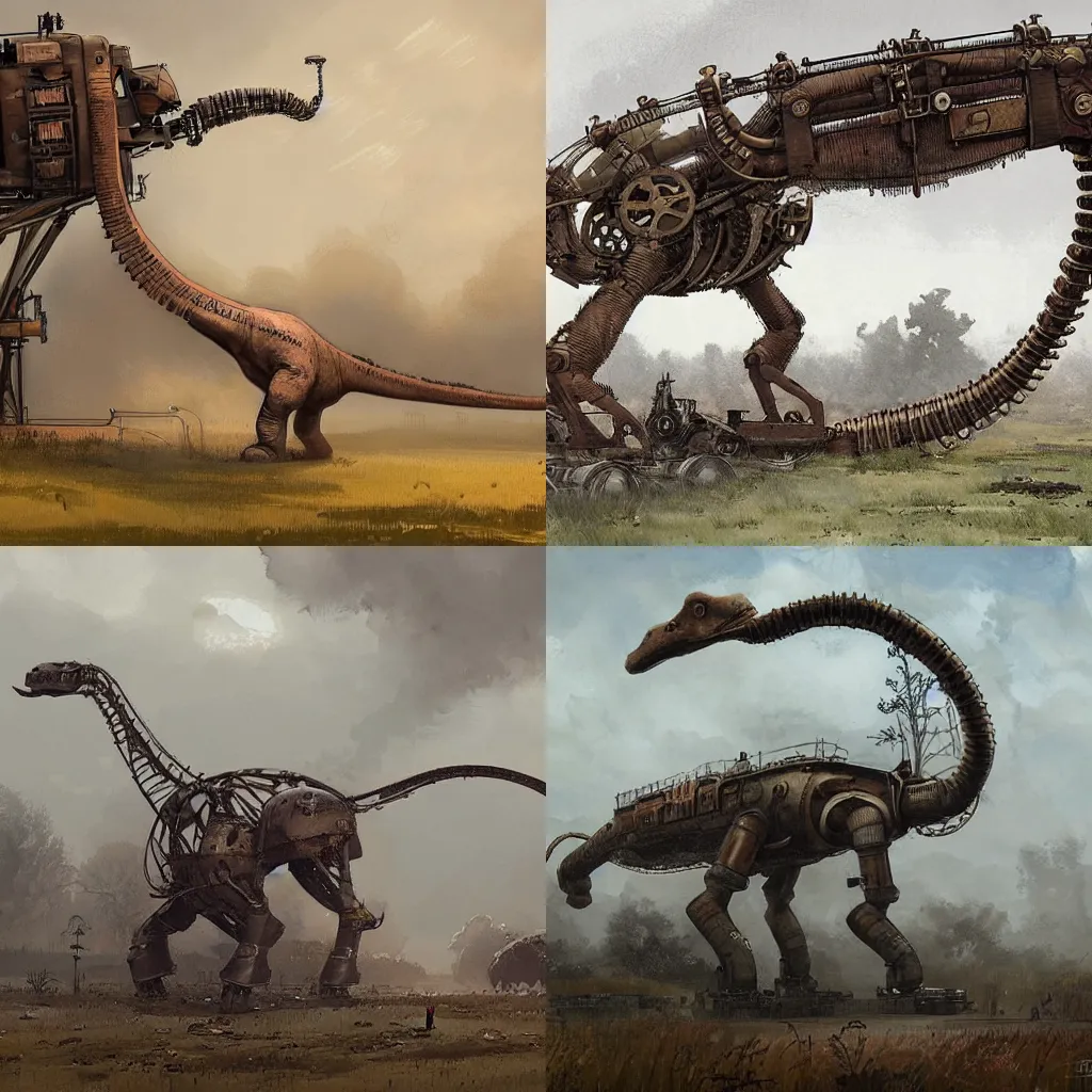 Prompt: a mechanical brontosaurus, steampunk, by Jakub Rozalski, style of Iron harvest