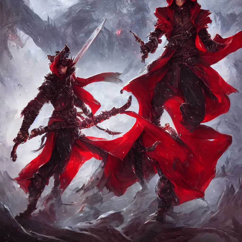 Prompt: Badass full body antropomorphic cat wearing a red hooded overcoat with black pants, fingerless gloves, fighting demons with a big enchanted sword, hack'n slash cover, highly detailed, trending on artstation, digital art, game cover, action, concept art, intimidating, cinematic,rossdraws, fantasy art, hyperrealistic