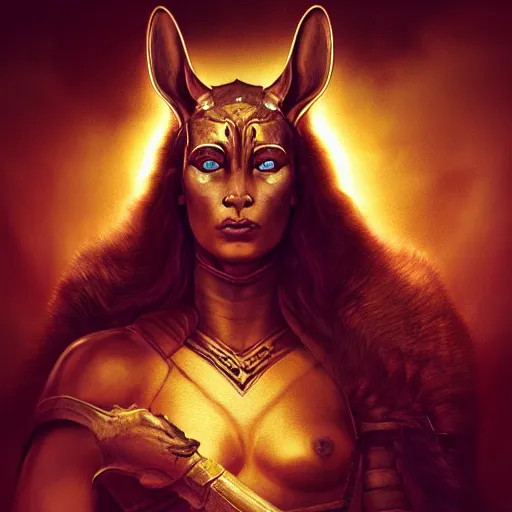 Prompt: Majestic gracious Anubis female warrior portrait, menacing, atmospheric lighting, painted, intricate, volumetric lighting, beautiful, rich deep colours masterpiece, golden hour, sharp focus, ultra detailed, by Leesha Hannigan, Ross Tran, Thierry Doizon, Kai Carpenter, Ignacio Fernández Ríos