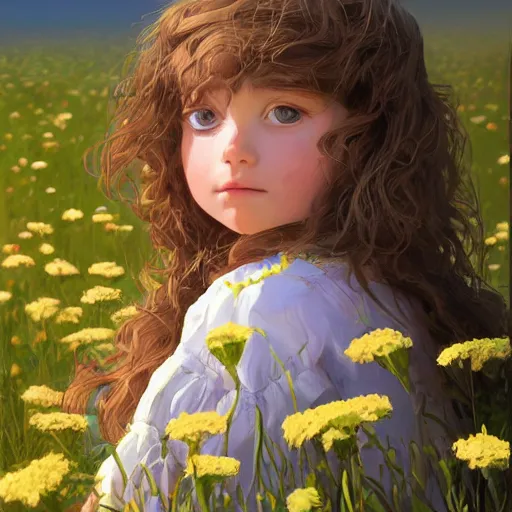 Image similar to a painting of a little girl with short wavy curly light brown hair and blue eyes, sitting in a field of flowers. beautiful detailed face line art by ilya kuvshinov and