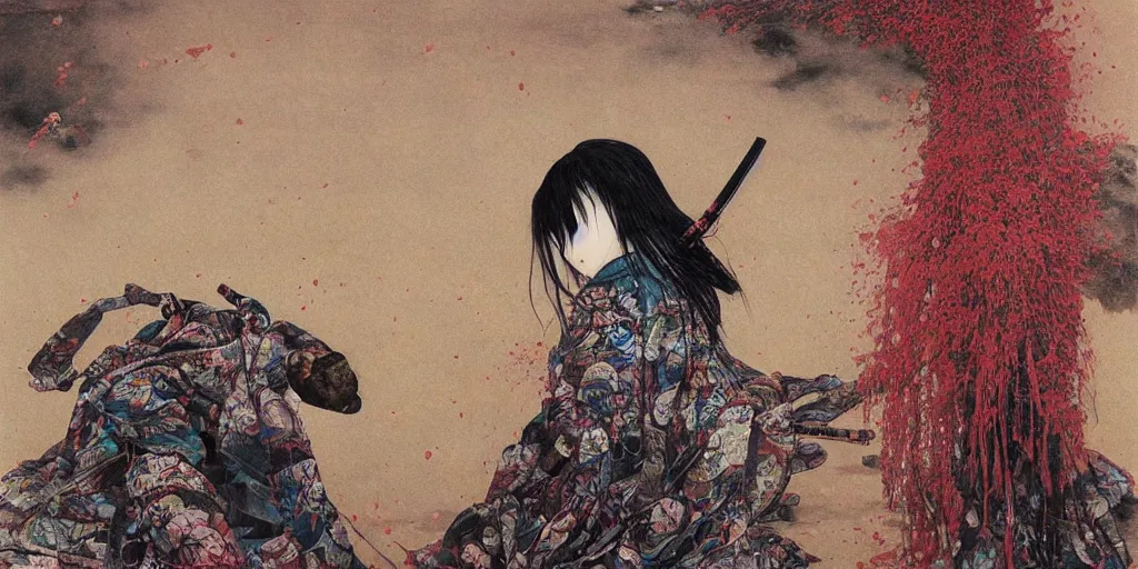 Image similar to Japanese schoolgirl runs away from Samurai with a katana on the subway, high detailed Beksinski painting, part by Adrian Ghenie and Gerhard Richter. art by Takato Yamamoto. deep colours