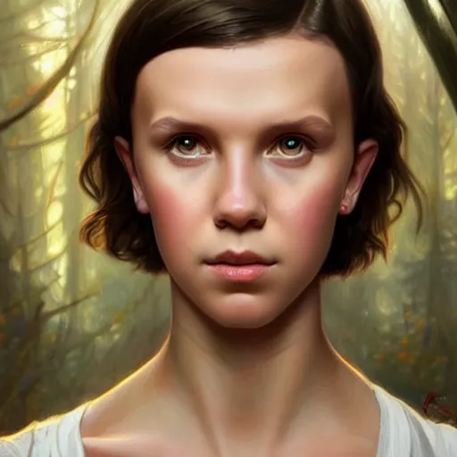 Image similar to millie bobby brown portrait of forest gog, female, clear face, masculine, upper body, muscular, fantasy, intricate, elegant, highly detailed, digital painting, artstation, concept art, matte, sharp focus, illustration, art by artgerm and greg rutkowski and alphonse mucha