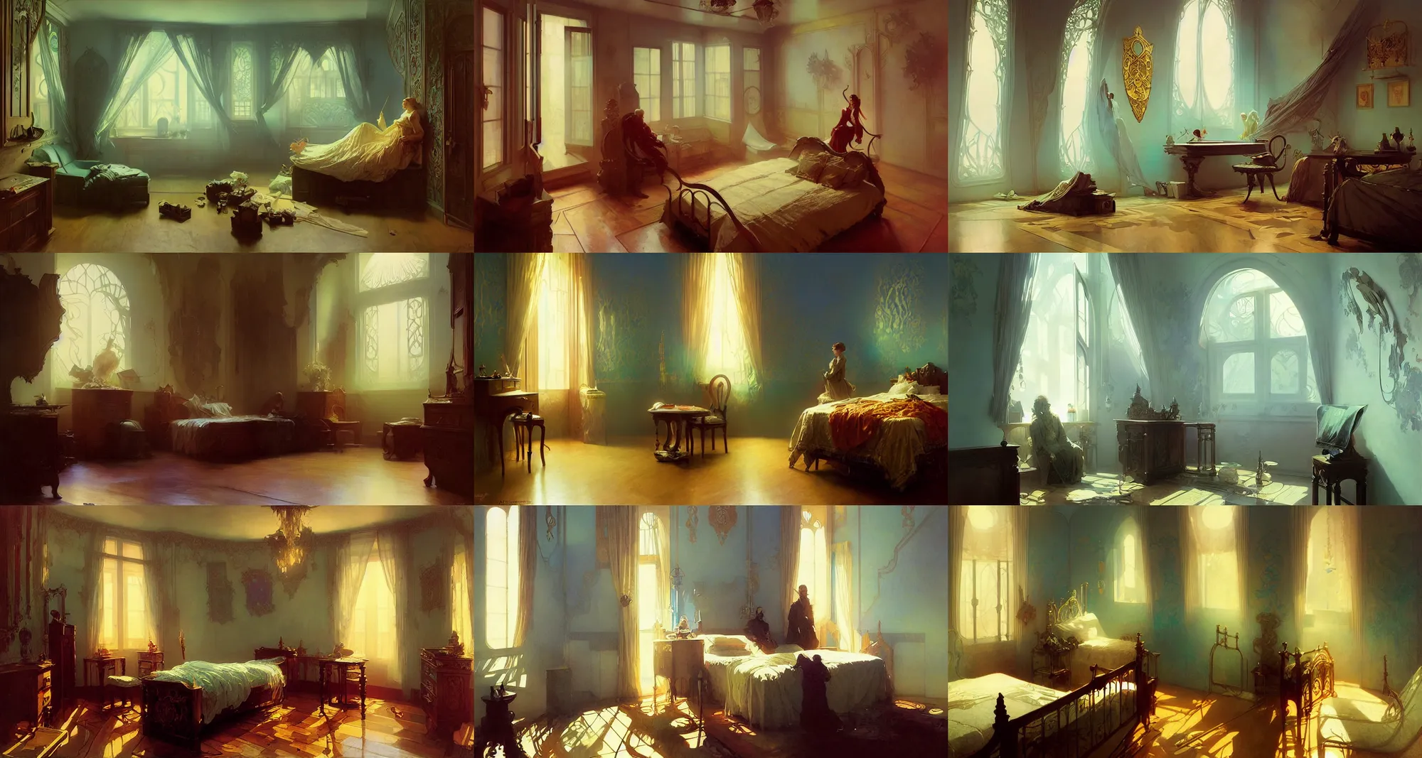 Prompt: small bedroom, minimalistic, art nouveau architecture, fantasy, art by joseph leyendecker, ivan aivazovsky, ruan jia, reza afshar, marc simonetti, alphonse mucha