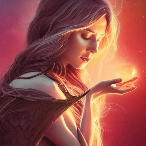 Image similar to a witch casting a spell, sci-fi, face, long hair, fantasy, intricate, elegant, highly detailed, digital painting, artstation, concept art, smooth, sharp focus, illustration, synthwave colors, faded effect, tranquil and calm, art by artgerm and greg rutkowski and alphonse mucha