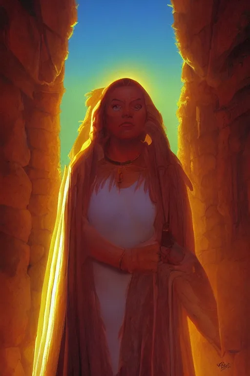 Image similar to the high Priestess of the sun god greets the day, 8k resolution digital painting by Michael Whelan, cinematic morning light