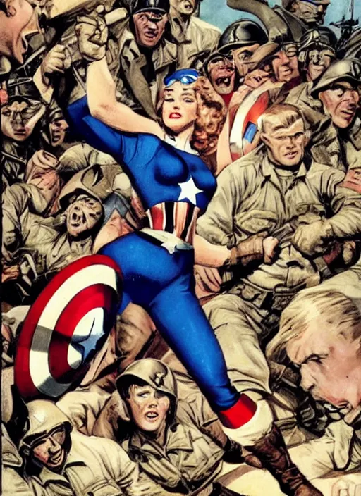 Image similar to beautiful female captain america standing on a pile of defeated, beaten and broken german soldiers. feminist captain america wins wwii. american wwii propaganda poster by james gurney. gorgeous face. overwatch. ralph bakshi