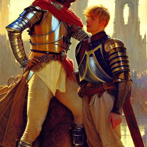 Image similar to attractive arthur pendragon and his attractive male knight, they are in love, natural lighting, path traced, highly detailed, high quality, digital painting, by gaston bussiere, craig mullins, alphonse mucha j. c. leyendecker