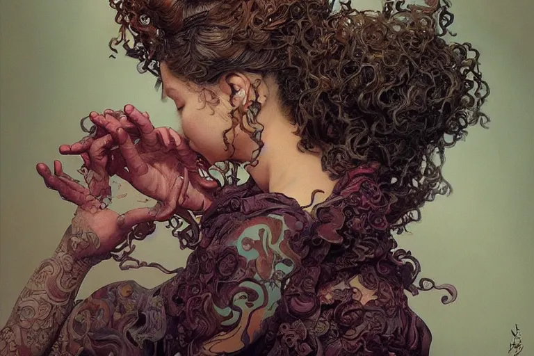 Prompt: a dramatic painting of 19 years old girl figure, curly messy high bun hairstyle, oriental tattoos, artstation, hyperdetailed, cinematic lighting, by James Jean, Moebius, Cory Loftis, Craig Mullins, Rutkowski, Mucha, Kim Jung-Gi, Klimt, highly detailed, few farm green highlights, oil on canvas