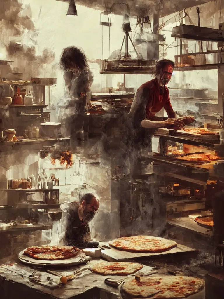Image similar to a portrait of sad nick cave baking pizza in a painting from stalenhag, 4 k, 8 k, hdr, artstation, concept art