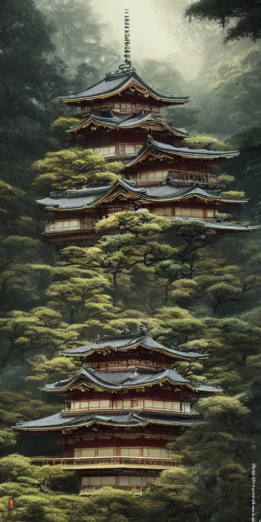 Prompt: japanese style palace on a mountain overgrown by glowing mushrooms, hyper realistic, lush gnarly plants, 8 k, denoised, by greg rutkowski, tom bagshaw, james gurney cinematic lighting