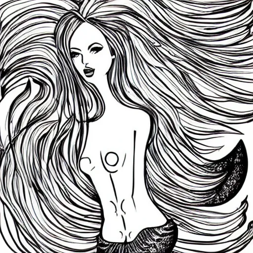 Image similar to black and white illustration, creative design, beautiful feminine mermaid with flowing hair