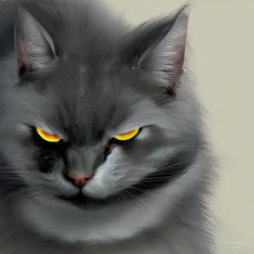 Image similar to a big dark old menacing, yellow eyed, grey cat with white belly, white paws and white face markings with long fur and fluffy tail sitting, intricate, elegant, highly detailed, digital painting, artstation, concept art, matte, sharp focus, illustration, art by Artgerm and Greg Rutkowski and Alphonse Mucha