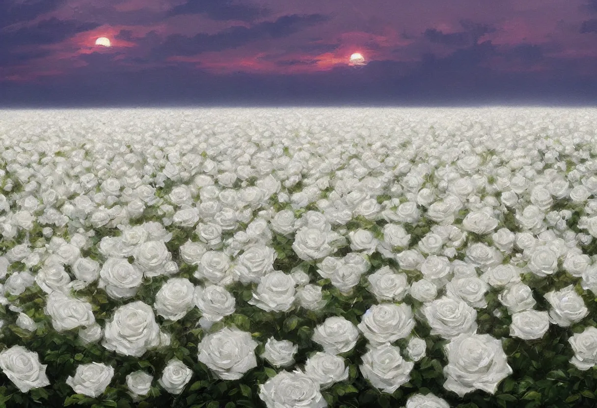 Image similar to a painting of a sea of white rose flowers, romantic, sunset, 4 k, trending on artstation in the style of greg rutkowski