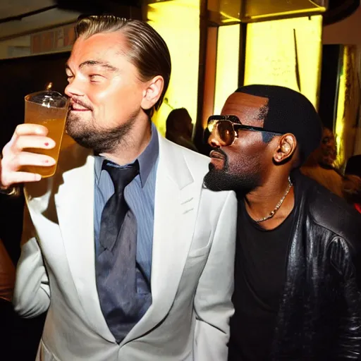 Image similar to leonardo dicaprio and r kelly drinking coctail