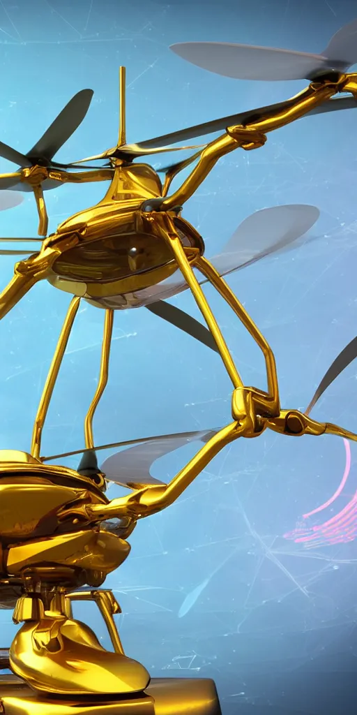 Prompt: a futuristic multi rotor helicopter with gold windows, 4 k, hyper realistic, coherent design, symmetrical, vivid colour, complementary colour, golden ratio, detailed, sharp lines, intricate, rainbow shift, in unreal 3 d engine, ray tracing, octane render