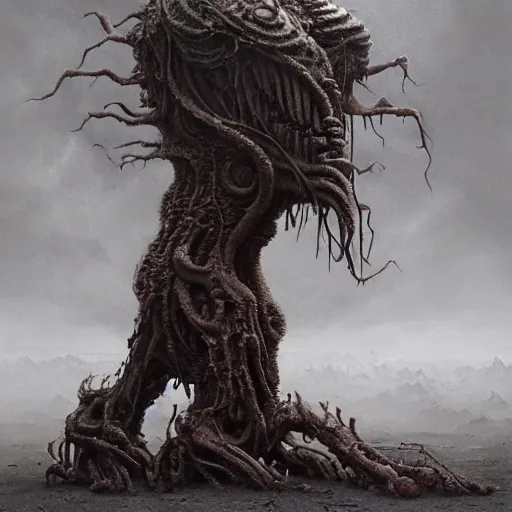 Prompt: eldritch lovecraftian fungus god - thing by beksinski, edward hopper, greg rutowski, h. r. giger, guerlmo del toro, and tim burton. 8 k 3 d 8 k resolution photorealistic concept art. dark dystopian biopunk, post apocalyptic surrealism.