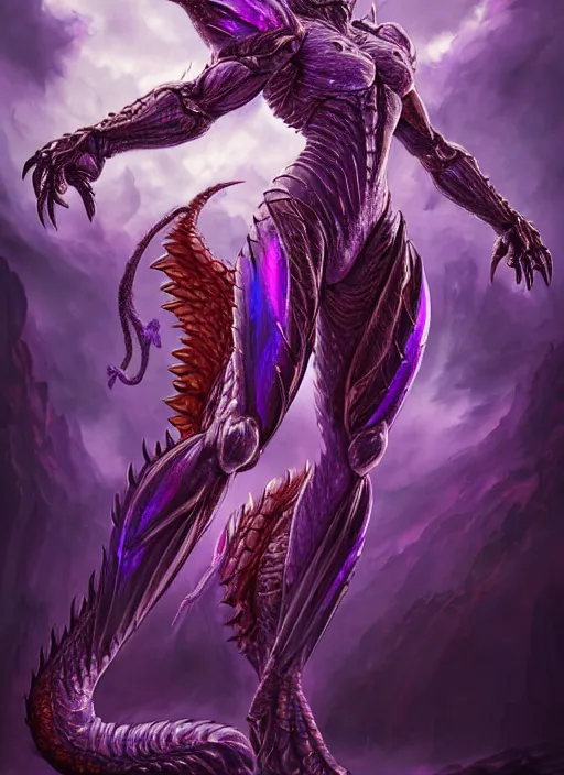 Image similar to muscular and tall purple ghostly fire humanoid dragon!!!! draconian!! intricate ornate iridescent heavy armor!! character concept art, sharp focus, octane render! unreal engine 5! highly rendered!! trending on artstation!! detailed linework!! illustration by artgerm, wlop, and chie yoshii