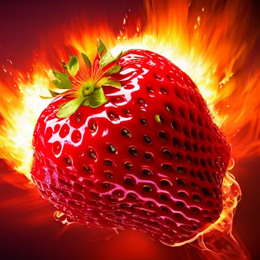 Image similar to exploding strawberry, octane render, highly detailed fire, highly detailed explosion, white background, ue 5, big explosion, realistic colors, realistic shadows, realistic reflections