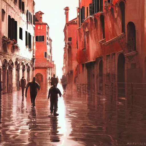 Prompt: A man walking through Venice Italy during the Great Renaissance in a cyberpunk universe, futuristic, sci-fi, highly detailed, digital painting, trending on artstation, 8k by Syd Mead