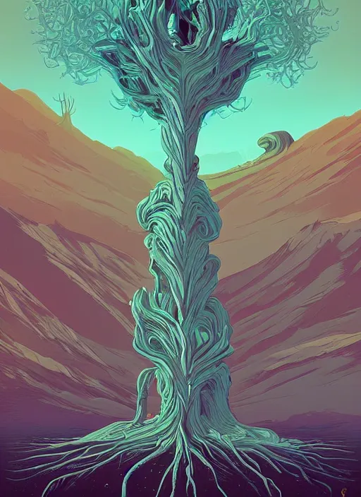 Prompt: a painting of a strange looking tree in the middle of a field, poster art by kilian eng, behance contest winner, fantasy art, lovecraftian, cosmic horror, apocalyptic landscape