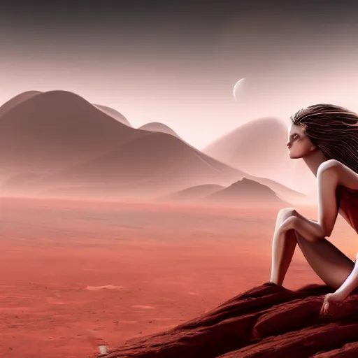 Image similar to Still of a woman with gorgeous flowing hair on Mars, sitting on a Martian rock, reddish atmosphere with detailed highlights, dark gloomy sky cascading upon the atmosphere, well-detailed ornate Martian mountains in the background, trending on artstation, 4k, 8k