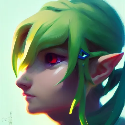 Image similar to portrait of a female Link from Legend of Zelda, medium shot, asymmetrical, profile picture, Organic Painting, sunny day, Matte Painting, bold shapes, hard edges, street art, trending on artstation, by Greg Manchess and Huang Guangjian and Loish and Gil Elvgren and Sachin Teng