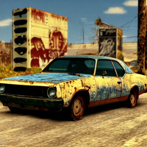 Image similar to A screenshot of a rusty, worn out, broken down, decrepit, run down, dingy, faded chipped paint, tattered, beater 1976 Denim Blue Dodge Aspen in Gran Turismo for the PS1