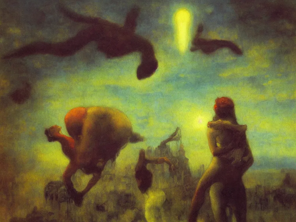 Prompt: bright dramatic lighting colorful surrealist symbolist oil painting titled'feel his ghost breathing down my back ', magical realism symbolist, ruined city landscape with hybrid animal protagonist, painted by arnold bocklin and odilon redon and max ernst, shocking detail trending on artstation 8 k