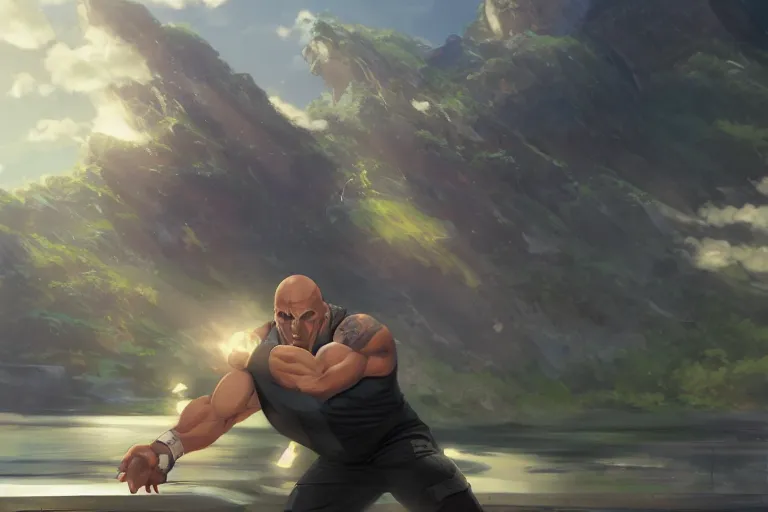 Image similar to the rock wwe, single subject, scenic full shot, ambient lighting, detailed face, by makoto shinkai, stanley artgerm lau, wlop, rossdraws