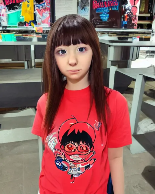 Image similar to adorable anime girl wearing a Frank's red hot sauce shirt striking a pose