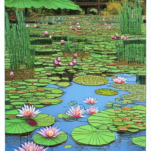 Image similar to a beautiful painting of a waterlily pond by Geof Darrow, Trending on artstation