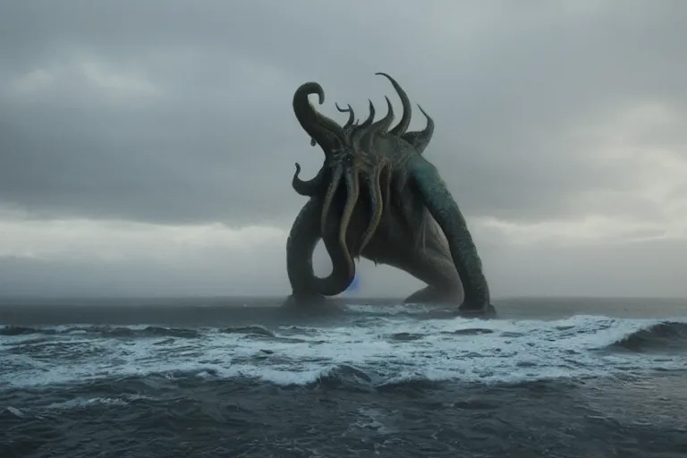Image similar to giant VFX movie of cthulhu rising out of the ocean in Malibu morning natural light by Emmanuel Lubezki