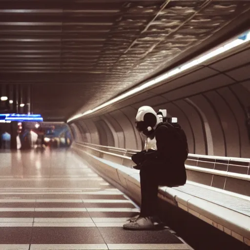 Image similar to a beautiful photo of an astronaut waiting in a subway station, 1970', soft light, morning light, photorealistic, realistic, octane, 8k, cinematic shot