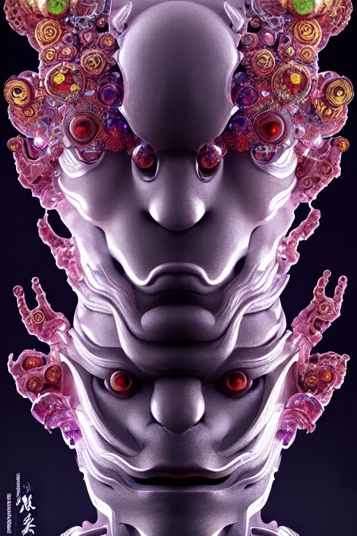 Image similar to asura from chinese myth, ghost, gorgeous and huge head ornaments, dystopian, cyberpunk, organic fractal mycelum and fungi, mecha, halfturn portrait of a big crystal face made of crystals half - turn, ominous, intricate, studio, art by anthony macbain + greg rutkowski + alphonse mucha, concept art, 4 k, sharp focus