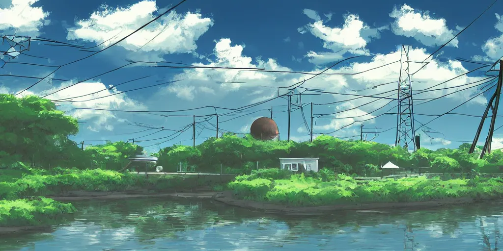 Image similar to round white dome and power lines, by a river and fields, art station, digital art, Studio Ghibli