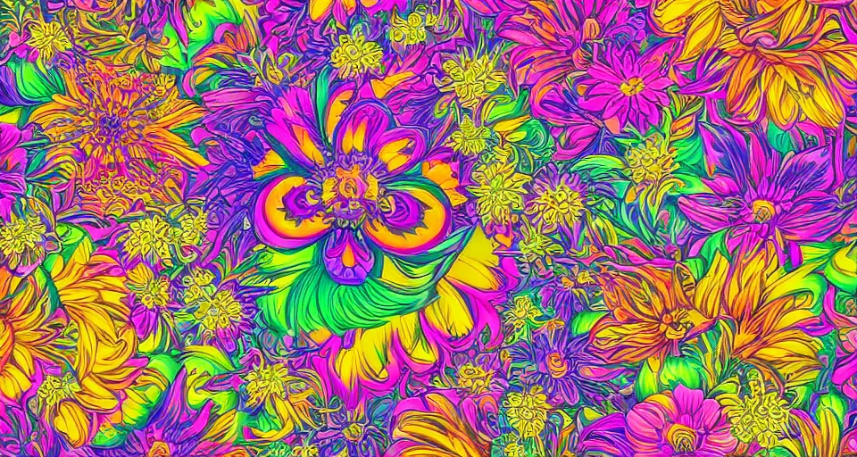 Prompt: psychedelic vector art illustration of exotic flowers by Lisa frank and Tim Hildebrandt, hyper realism, intricate, elegant, highly detailed, octane render, artstation, smooth, sharp focus