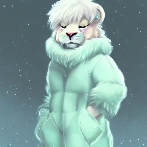 Image similar to aesthetic portrait commission of a albino male furry anthro lion wearing a cute mint colored cozy soft pastel winter outfit, winter atmosphere. character design by chunie, kristakeshi, sigmax