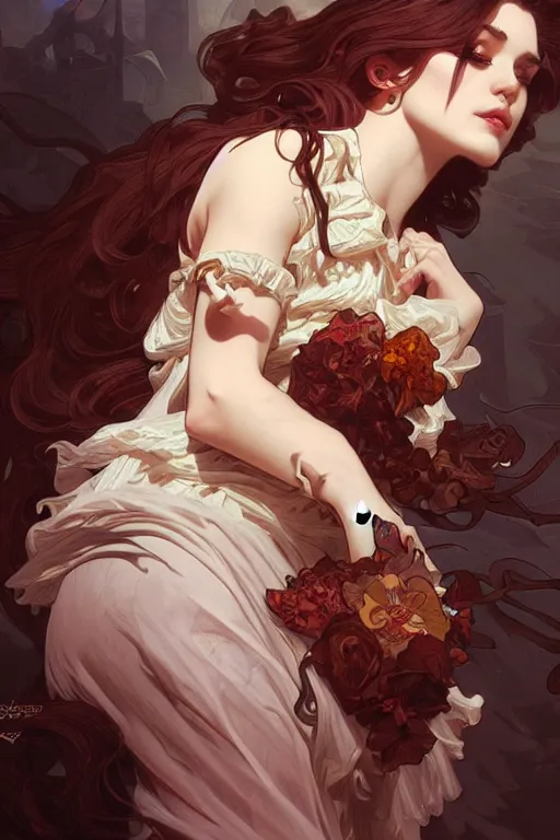 Image similar to chicolate, dark fantasy, intricate, elegant, highly detailed, digital painting, artstation, concept art, matte, sharp focus, illustration, art by artgerm and alphonse mucha