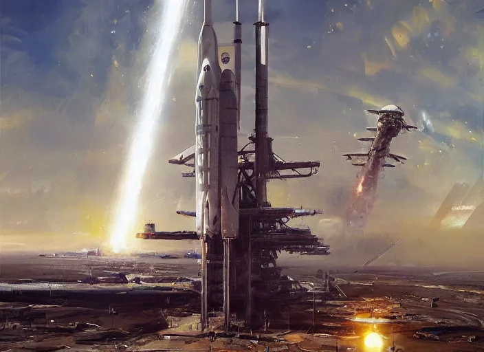 Image similar to SpaceX Big Base, concept art oil painting by Jama Jurabaev and John Berkey, extremely detailed, brush hard, artstation