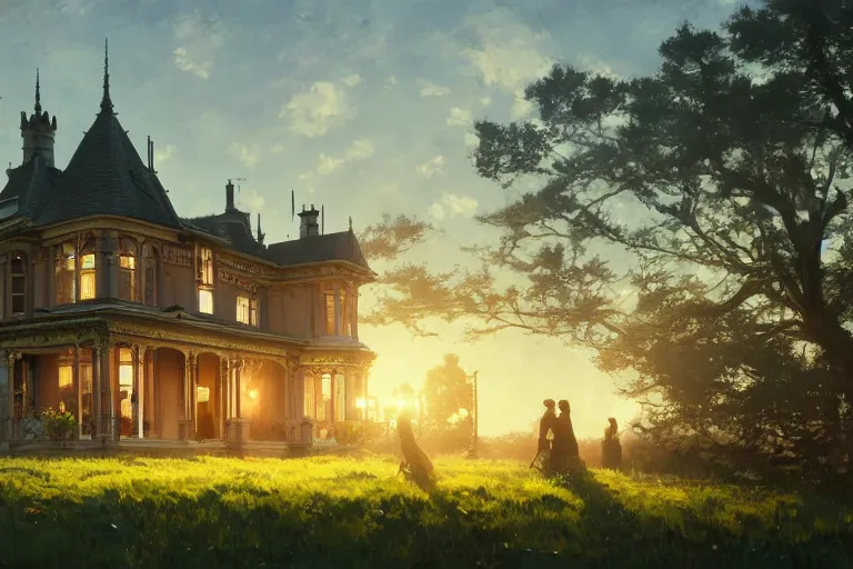 Prompt: an ornate victorian house, party inside, scene in an open field. 1 8 9 0, key visual, conceptart, ambient lighting, highly detailed, digital painting, artstation, concept art, sharp focus, by makoto shinkai and akihiko yoshida and greg manchess