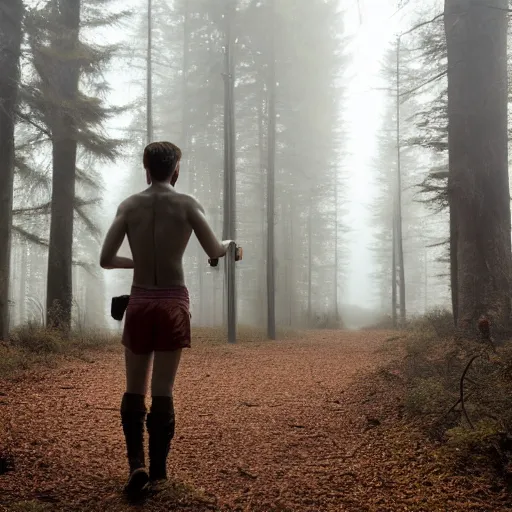 Prompt: pale, shirtless, teenage boy with natural brown hair hunting with a speer in eerie forest. twilight, foggy. photo 8 k.