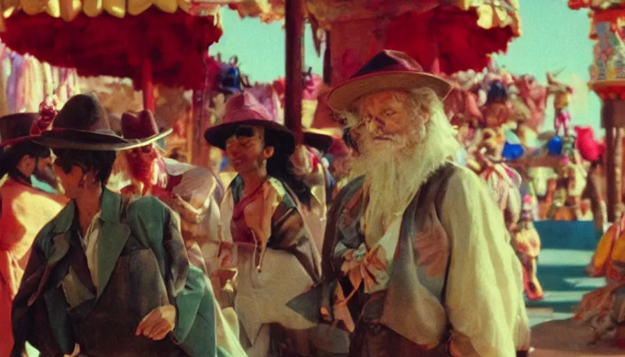 Image similar to movie still by alejandro jodorowsky of a carnival in the desert, cinestill 8 0 0 t eastmancolor technicolor, high quality, very detailed, heavy grain, fine facial features, 8 k, octane render