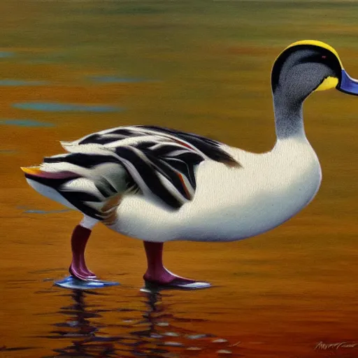 Prompt: a duck on the prowl oil painting morteza katouzian